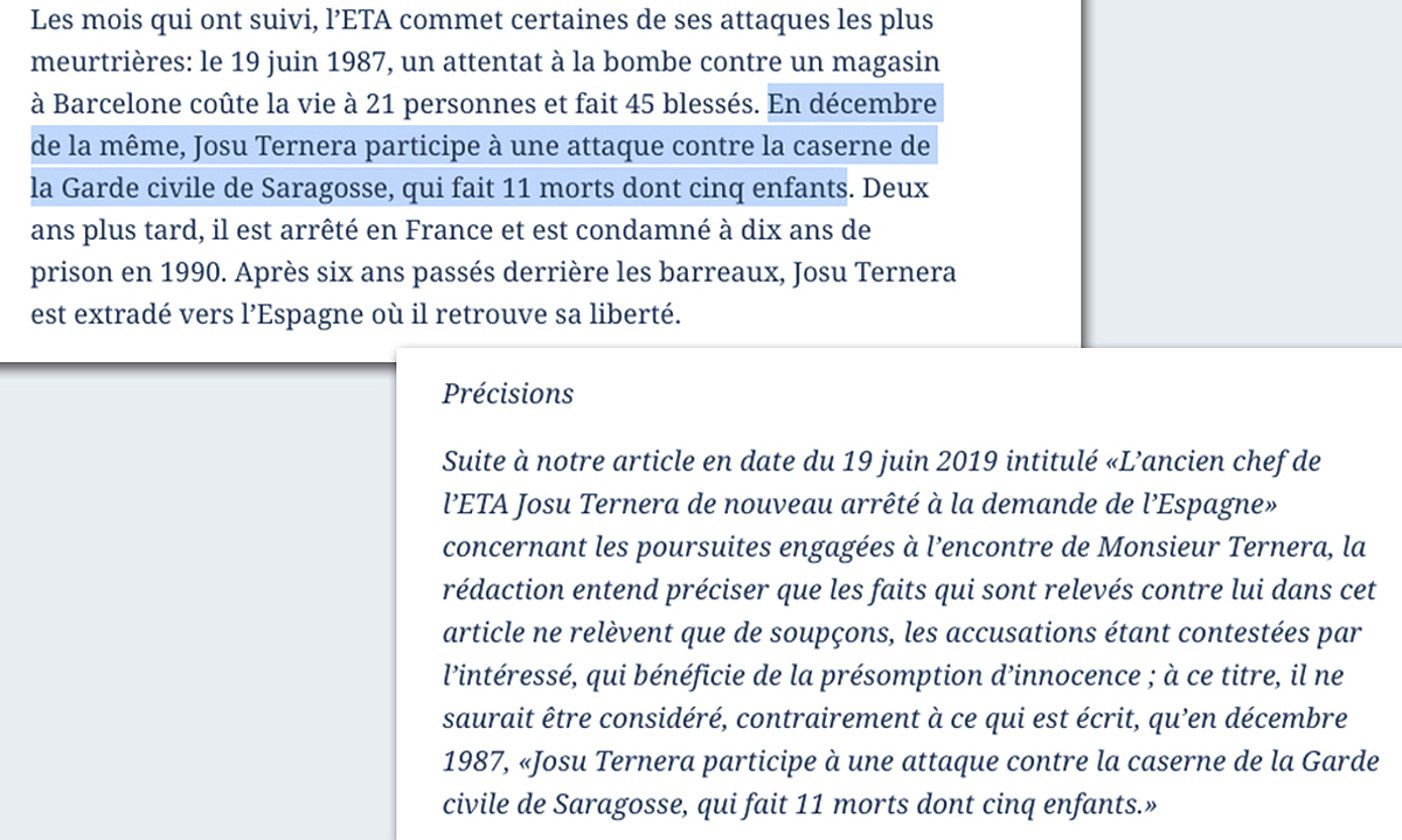 Goi-goian, Le Figaro-k iazko ekainaren 19an ateratakoa. Haren behean, zuzenketa.