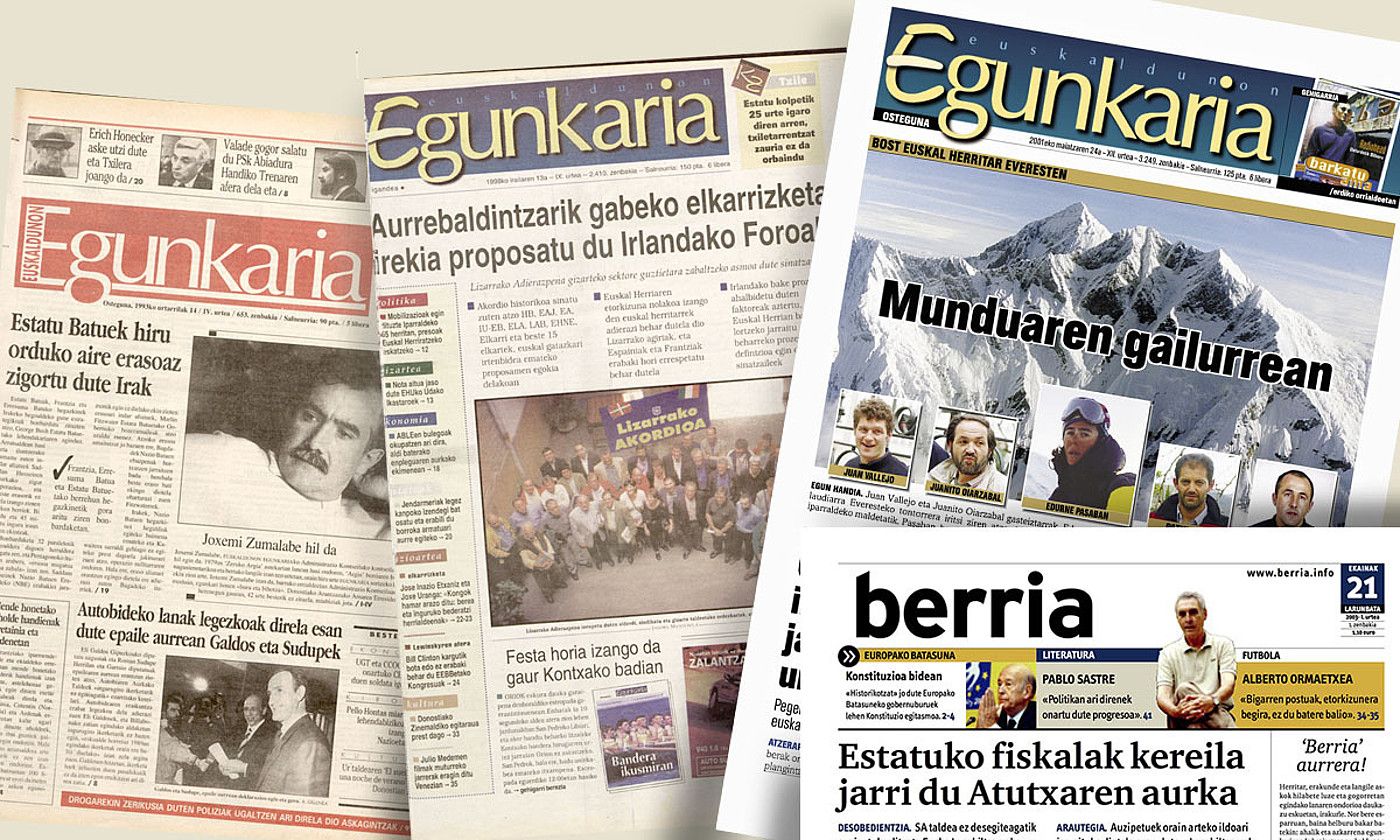 Goian, Joxemi Zumalaberen heriotzaren berri eman zuen Egunkaria-ren azala. Behean, berriz, Lizarra-Garaziko akordioen berri eman zuena. BERRIA. Goian, Joxemi Zumalaberen heriotzaren berri eman zuen Egunkaria-ren azala. Behean, berriz, Lizarra-Garaziko akordioen berri eman zuena. BERRIA.