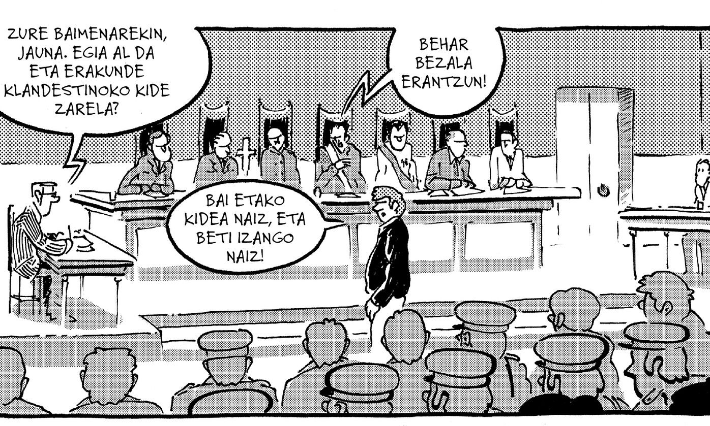 Burgosko Prozesuan epaitutako herritarretako bat deklaratzen ageri da Burgosko auzia. Iraultza eta bizi! komikiaren biñetetako batean. ADUR LARREA.