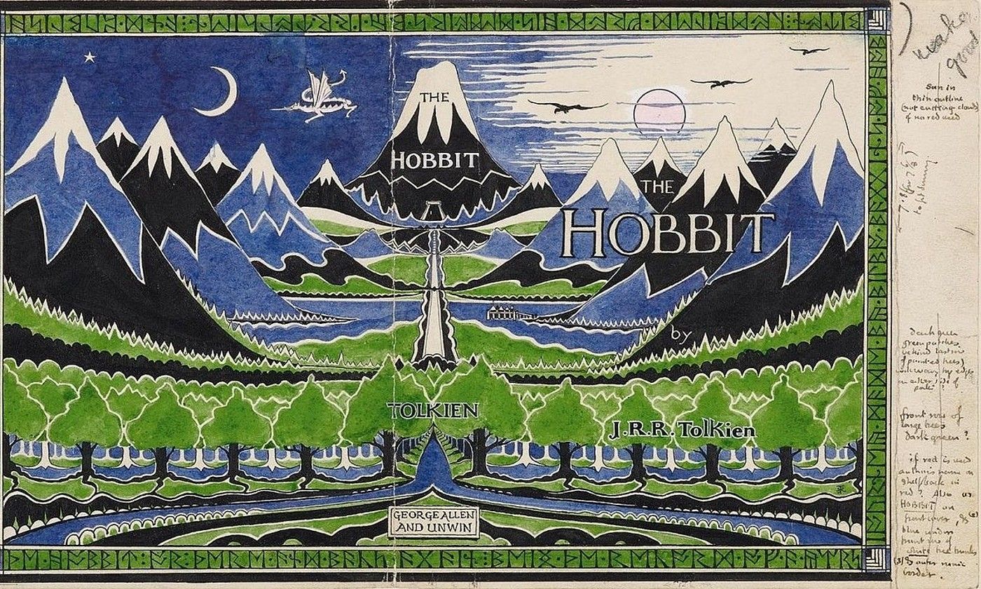 Hobbita 1937an argitaratu zuen J.R.R. Tolkienek. Goian, lehen edizio haren azalerako sortu zuen irudia. EFE / MORGAN MUSEOA.