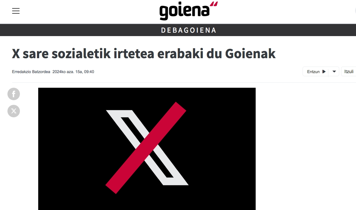 Goienak X sare sozialean argitaratzeari utzi dio. GOIENA