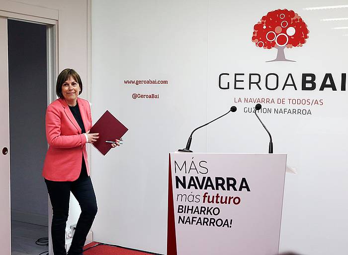 Uxue Barkos, gaur, Nafarroako Gobernuaren azken legealdiko lanaren balorazioa egiteko agerraldira iristen. / . JESUS DIGES, EFE