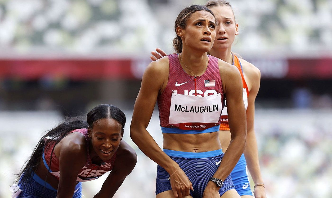 Andre de Grasse, garaipena ospatzen, atzo. ALBERTO ESTEVEZ / EFE.