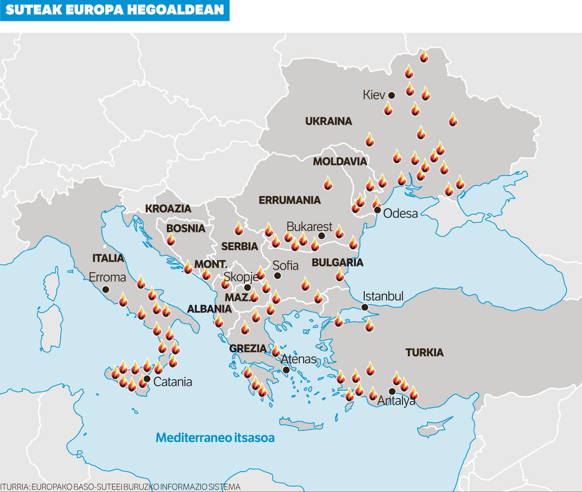 Alarma egoera ezarri dute Grezian eta Ipar Mazedonian, suteengatik.