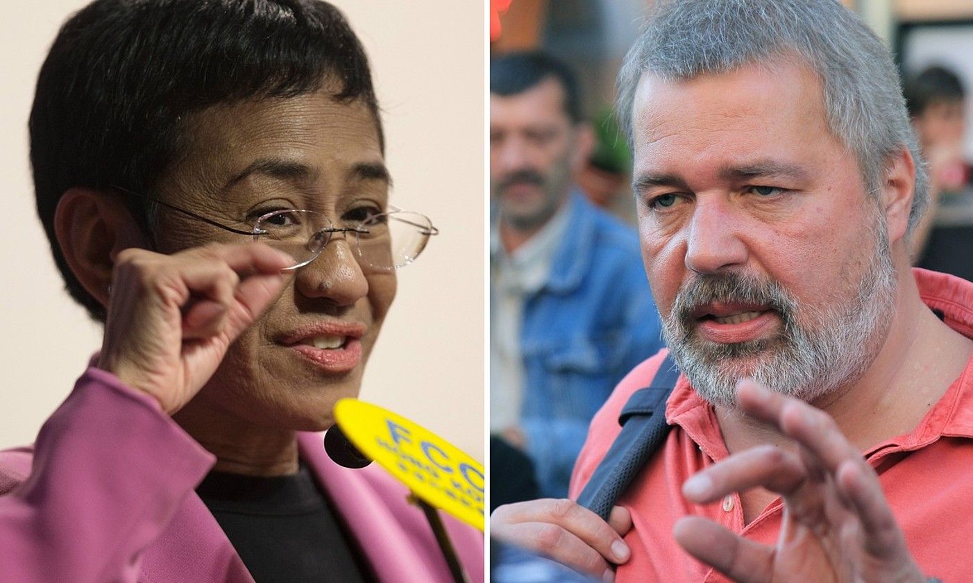 Maria Ressa eta Dmitri Muratov kazetariak. JEROME FAVRE / SERGEI CHIRIKOV / EFE. Maria Ressa eta Dmitri Muratov kazetariak. JEROME FAVRE / SERGEI CHIRIKOV / EFE.