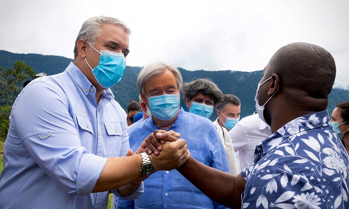 Ivan Duque presidentea eta NBEko idazkari nagusi Antonio Guterres. E. H. / EFE. Ivan Duque presidentea eta NBEko idazkari nagusi Antonio Guterres. E. H. / EFE.