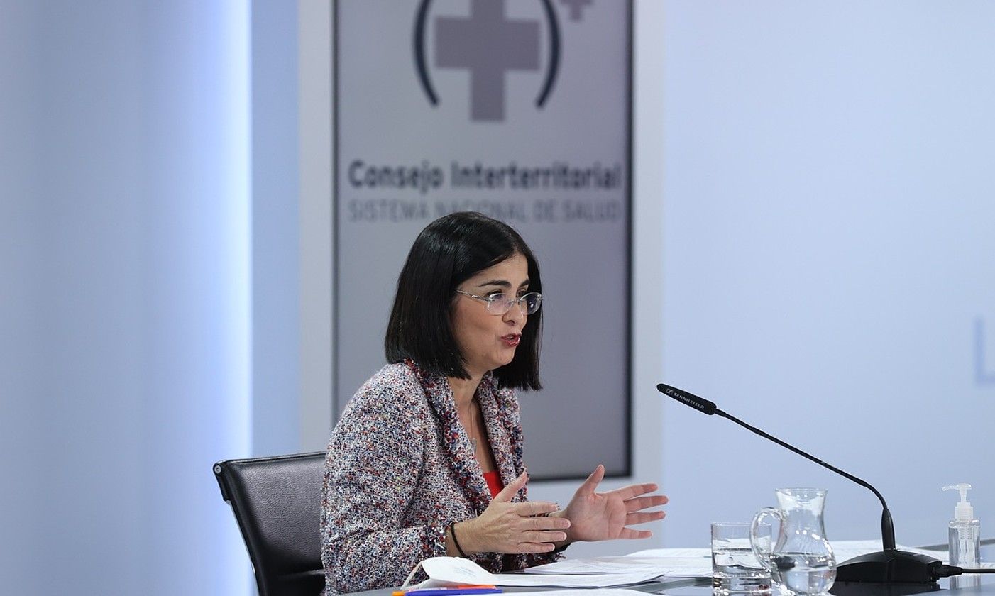 Carolina Darias Espainiako Osasun ministroa, Lurralde Arteko Osasun Kontseiluaren osteko agerraldian. KIKO HUESCA / EFE.