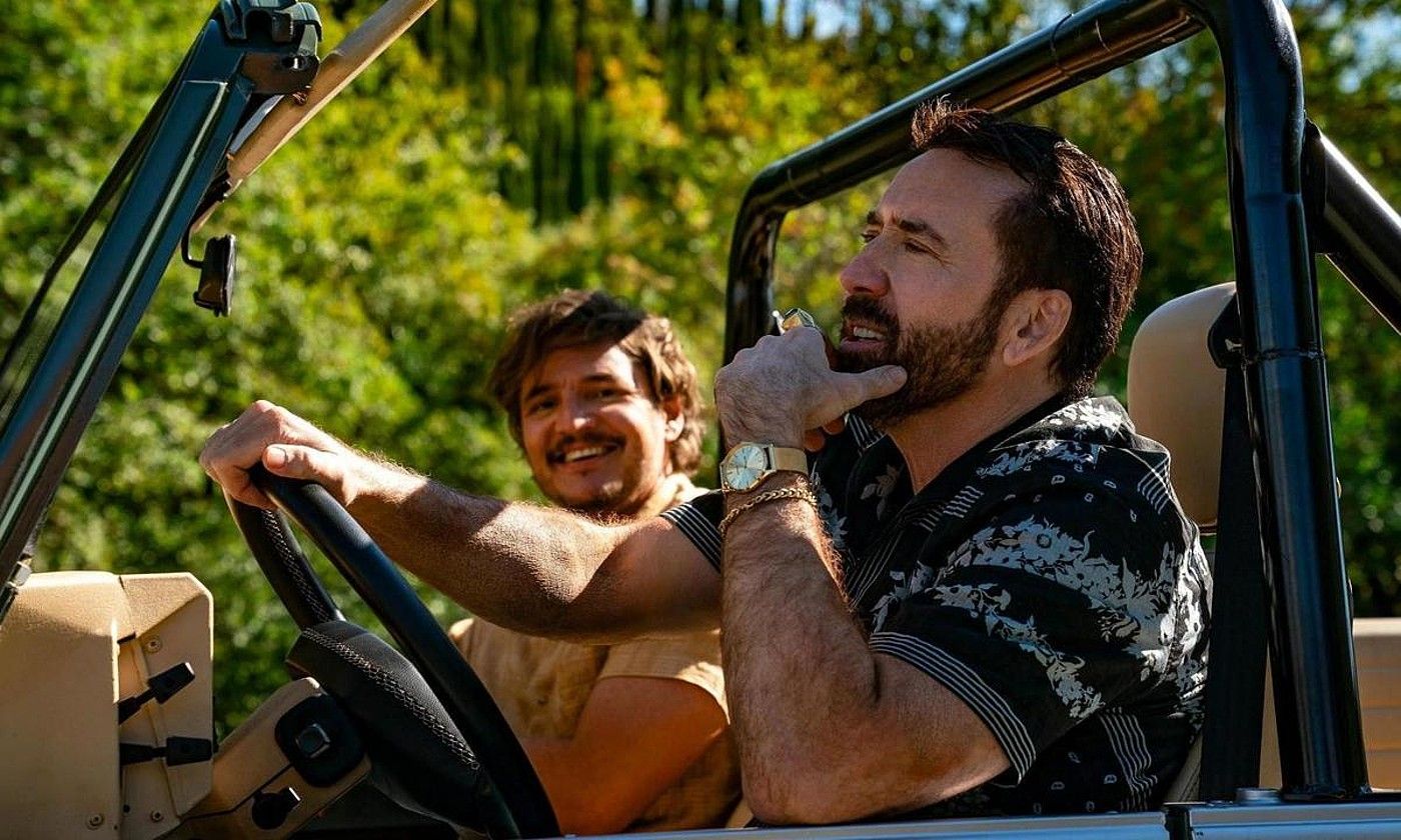 Pedro Pascal eta Nicolas Cage, filmaren eszena batean. BERRIA. Pedro Pascal eta Nicolas Cage, filmaren eszena batean. BERRIA.