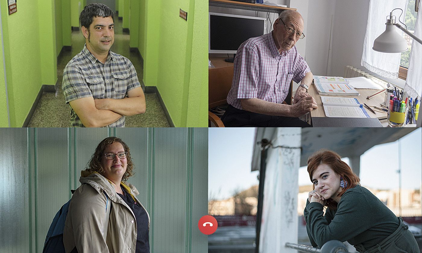 Ezker-eskuin eta goitik behera: Xabier Valle, UHEIko zuzendaria; Luis Martin Montejo, UHEIko ikasle ohia; Marian Henao, UHEIko ikasle ohia, eta Dafne Gonzalez Villar, UHEIko ikasle ohia. OSKAR MATXIN EDESA / FOKU. Ezker-eskuin eta goitik behera: Xabier Valle, UHEIko zuzendaria; Luis Martin Montejo, UHEIko ikasle ohia; Marian Henao, UHEIko ikasle ohia, eta Dafne Gonzalez Villar, UHEIko ikasle ohia. OSKAR MATXIN EDESA / FOKU.