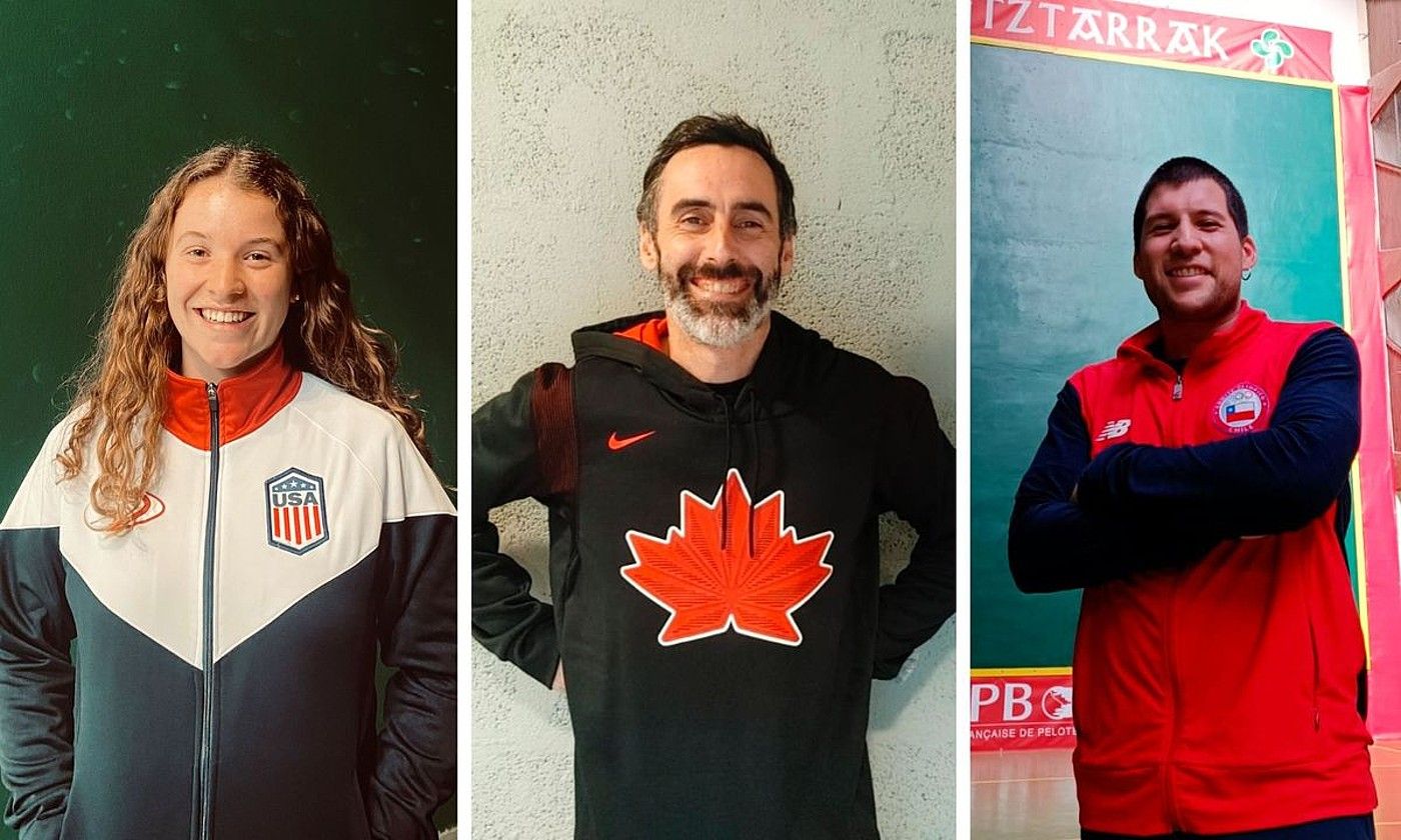 Laura Saldunbide, AEBetako selekzioaren arroparekin; Beñat Urrutia, Kanadakoarekin; eta Mikel Zuloaga, Txilekoarekin. BERRIA.