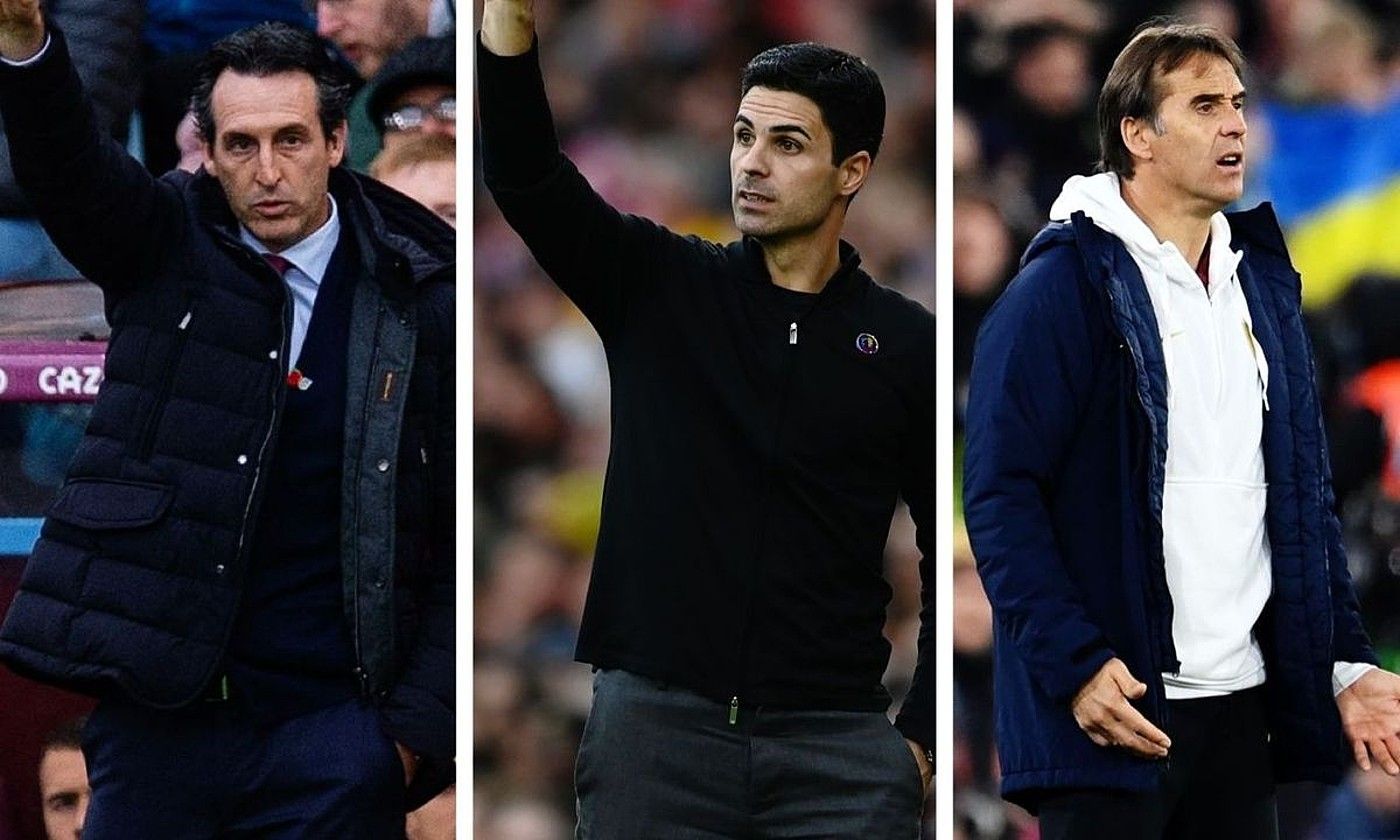 Unai Emery Aston Villako entrenatzailea, Mikel Arteta Arsenalekoa eta Julen Lopetegi Wolverhamptonekoa. PETER POWELL / ANDY RAIN / EFE.