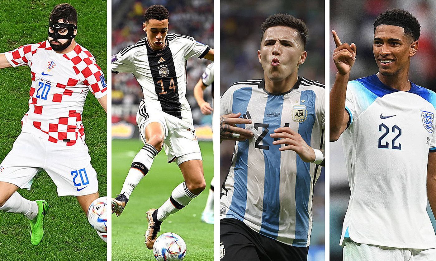 Josko Gvardiol, Jamal Musiala, Enzo Fernandez eta Jude Bellingham. EFE. Josko Gvardiol, Jamal Musiala, Enzo Fernandez eta Jude Bellingham. EFE.