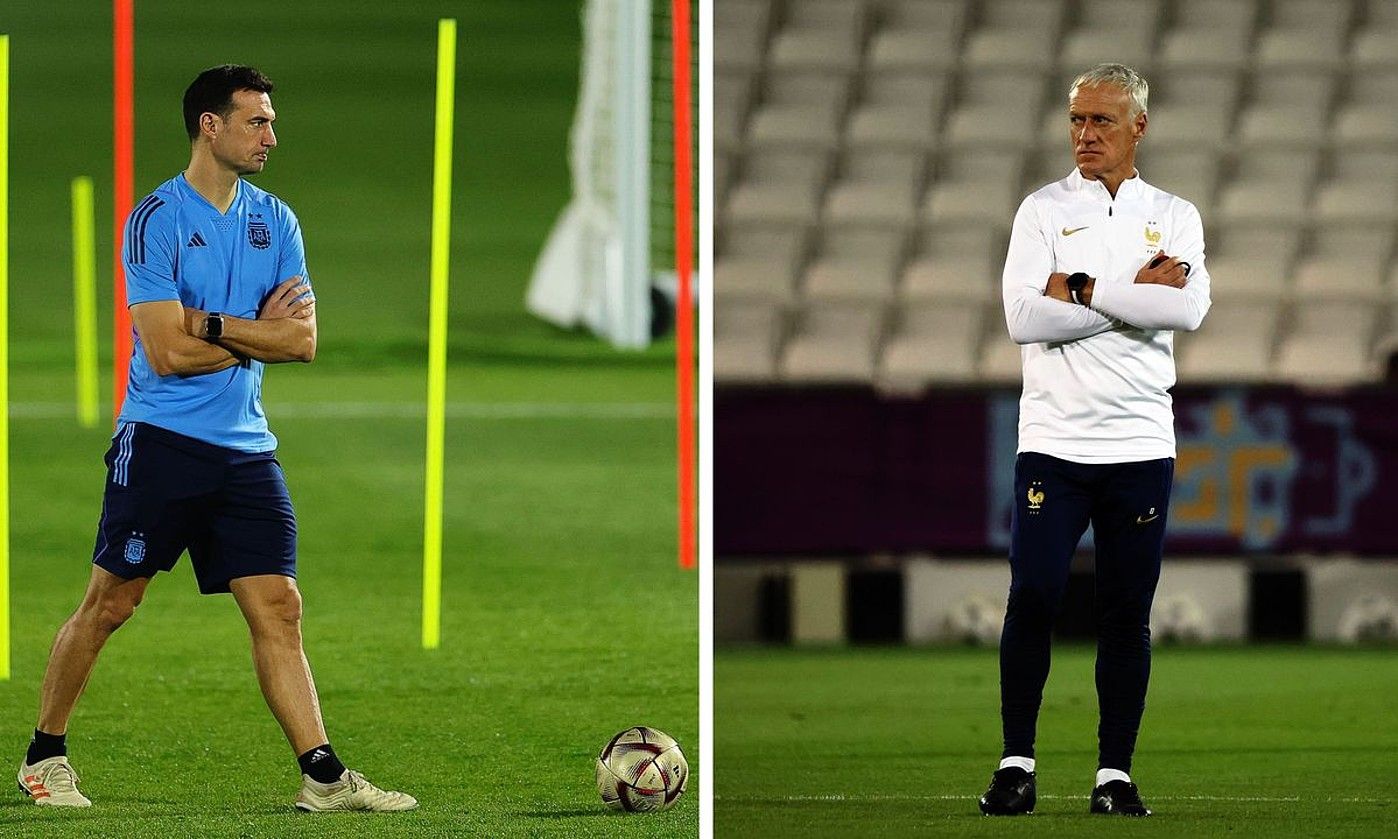 Ezkerrean, Lionel Scaloni Argentinako hautatzailea; eskuinean, Didier Deschamps Frantziakoa. EFE. Ezkerrean, Lionel Scaloni Argentinako hautatzailea; eskuinean, Didier Deschamps Frantziakoa. EFE.