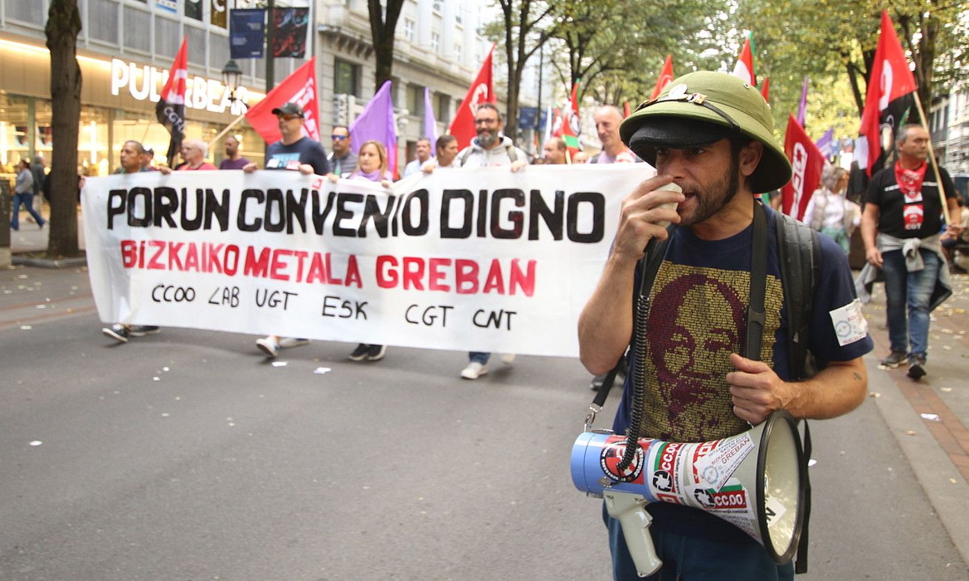 CCOO, LAB eta UGT sindikatuen protesta bat, Bizkaiko metalgintzarako lan itun duin bat eskatzeko. OSKAR MATXIN / FOKU.