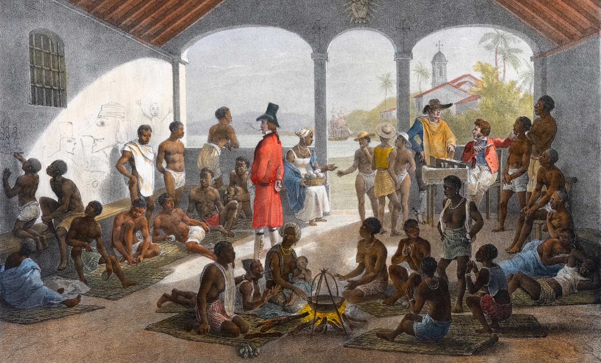 Johann Moritz Rugendas margolariaren 'Beltzen merkatua' obra, 1827tik 1835era bitartean egina. Brasilgo esklabo merkatu bat irudikatzen du. JOHANN MORITZ RUGENDAS