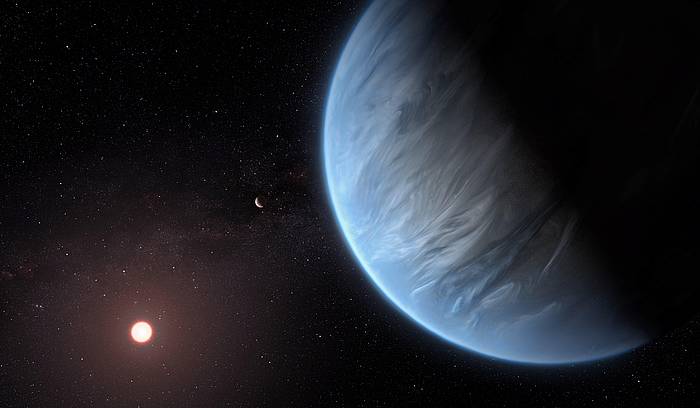 K2-18b planeta eta bere sistemako izar nano gorria eta beste planeta bat, irudikapen artistiko batean. ESA /HUBBLE, M. KORNMESSER / EFE