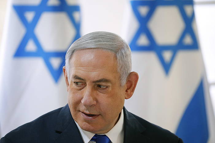 Benjamin Netanyahu Israelgo lehen ministroa, Jordan haranean egin duen mitinean. AMIR COHEN / POOL / EFE