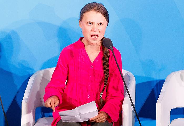 Greta Thunberg ekintzaile ekologista, atzo, NBEren Klima Ekintzarako Goi Bileran egin zuen hitzaldian. JUSTIN LANE, EFE