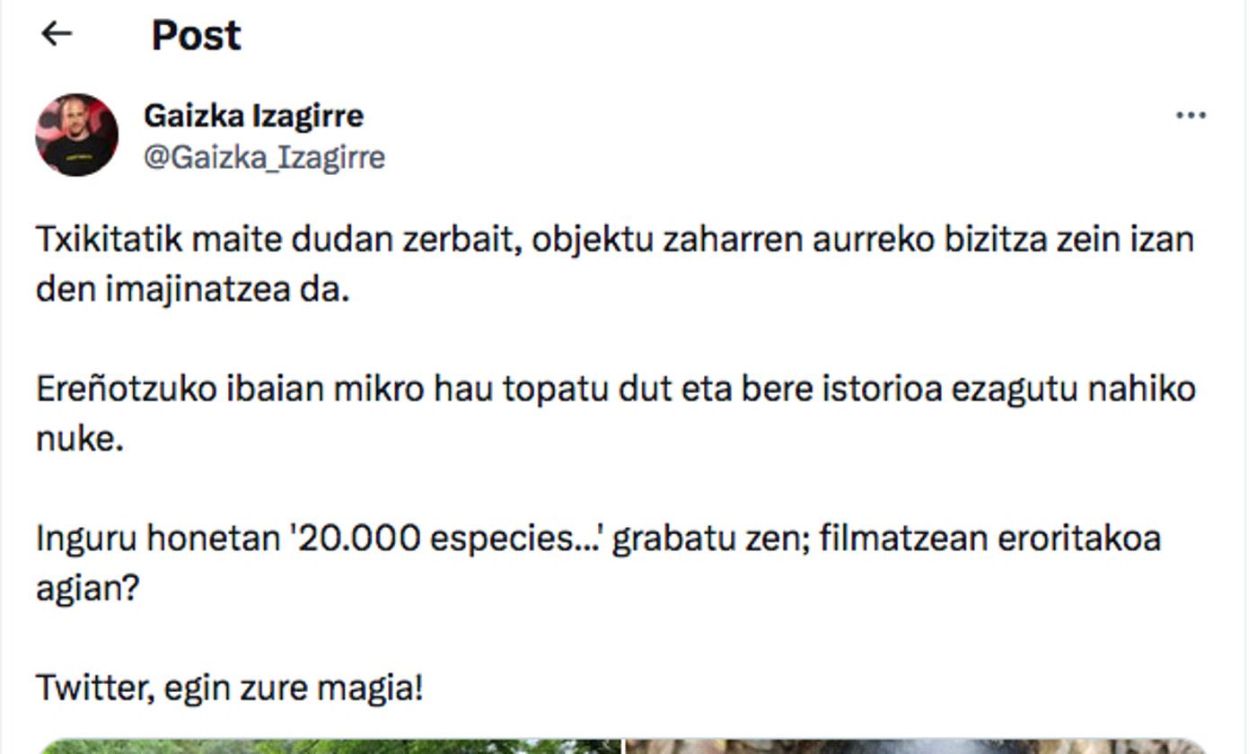 Gaizka Izagirrek Twitter sare sozialean jarritako txioa: mikroaren argazkiak jarri zituen, eta hura topatu zuen tokiarenak ere bai, Urumean. -.