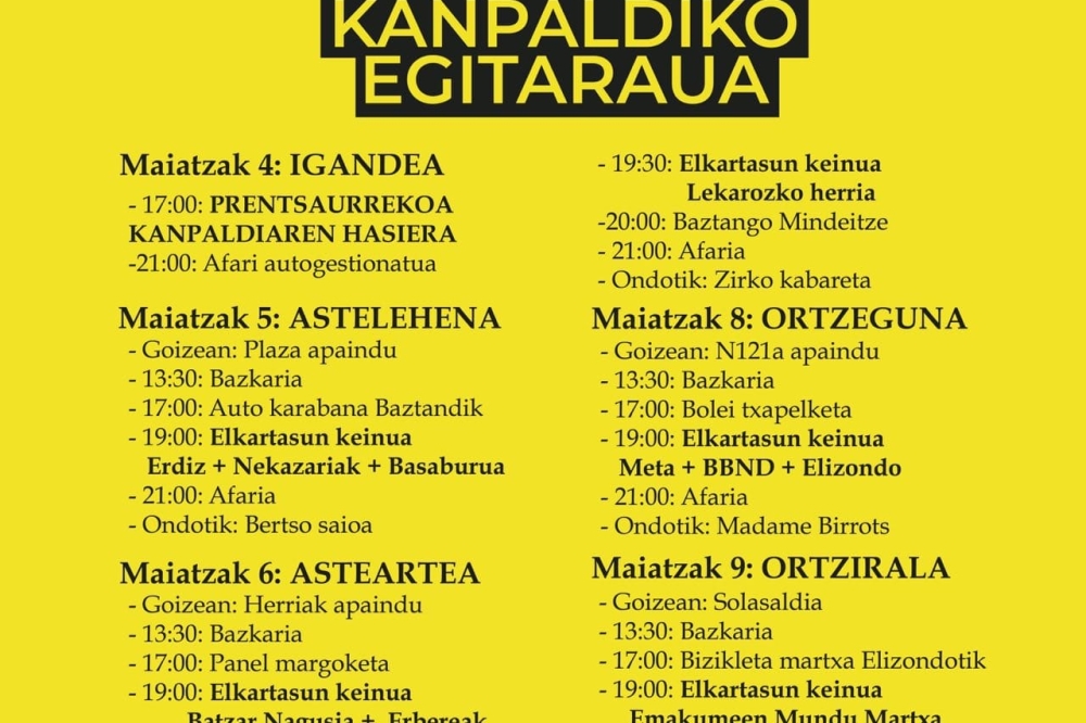 Aroztegiko auzipetuekin elkartasuna adierazteko kanpaldiaren egitaraua. Aroztegiko auzipetuekin elkartasuna adierazteko kanpaldiaren egitaraua.