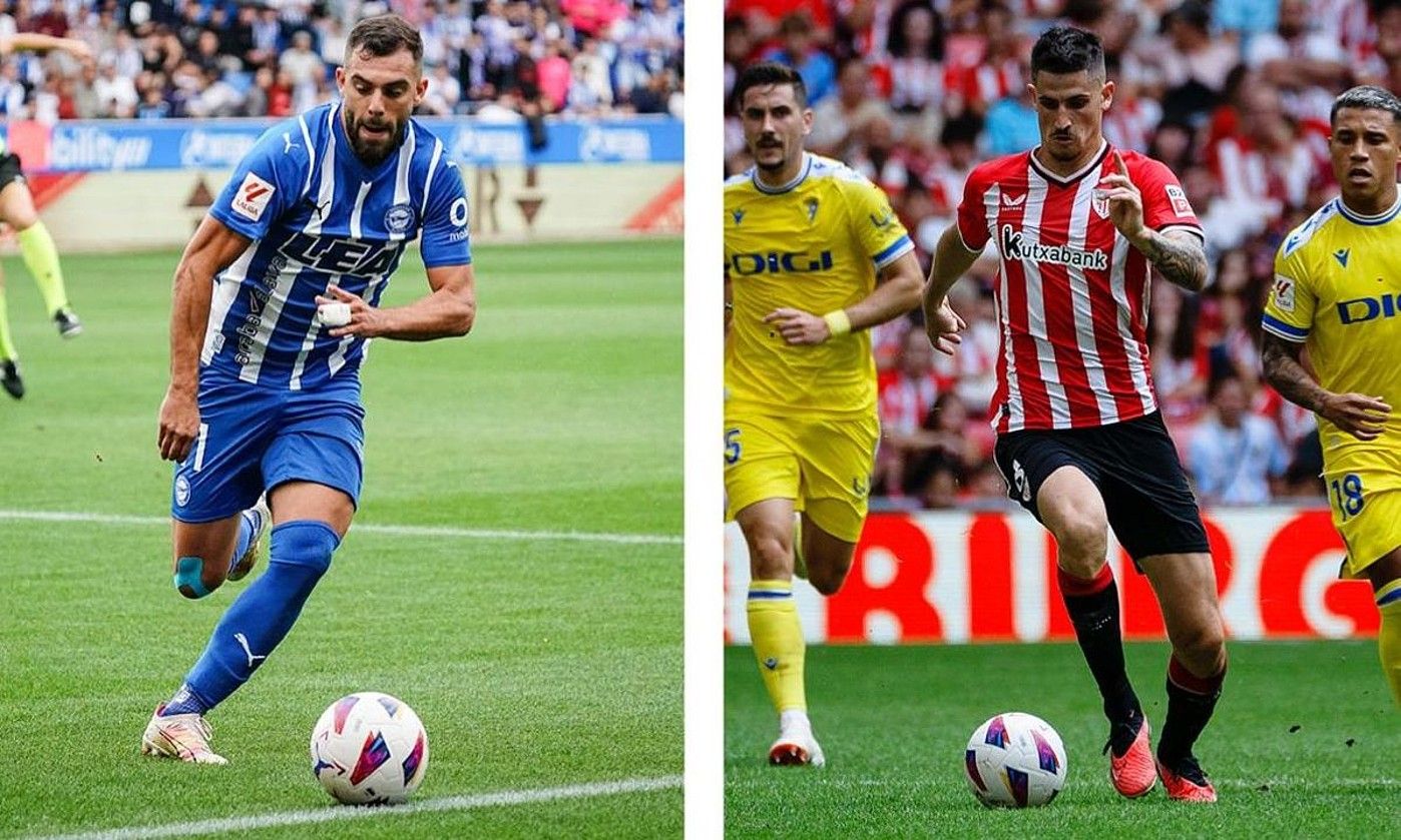 Ezkerrean, Luis Rioja, Sevillaren aurkako partidan. Eskuinean, berriz, Oihan Sancet, Cadizen kontrako neurketan. ENDIKA PORTILLO - ARITZ LOIOLA / FOKU. Ezkerrean, Luis Rioja, Sevillaren aurkako partidan. Eskuinean, berriz, Oihan Sancet, Cadizen kontrako neurketan. ENDIKA PORTILLO - ARITZ LOIOLA / FOKU.