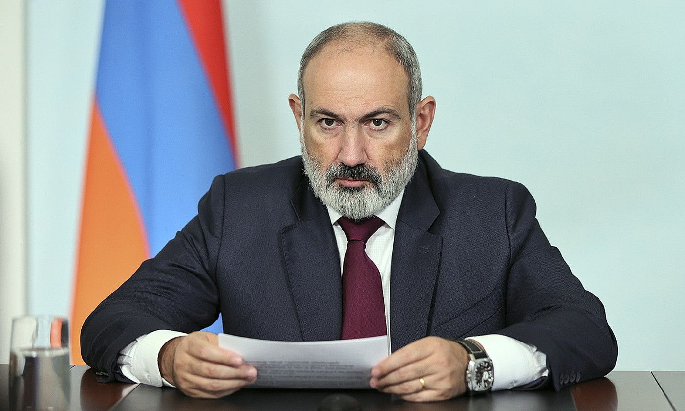 Nikol Paxinian Armeniako lehen ministroa, irailean, hitzaldi bat ematen. ARMENIAKO GOBENUA / EFE.
