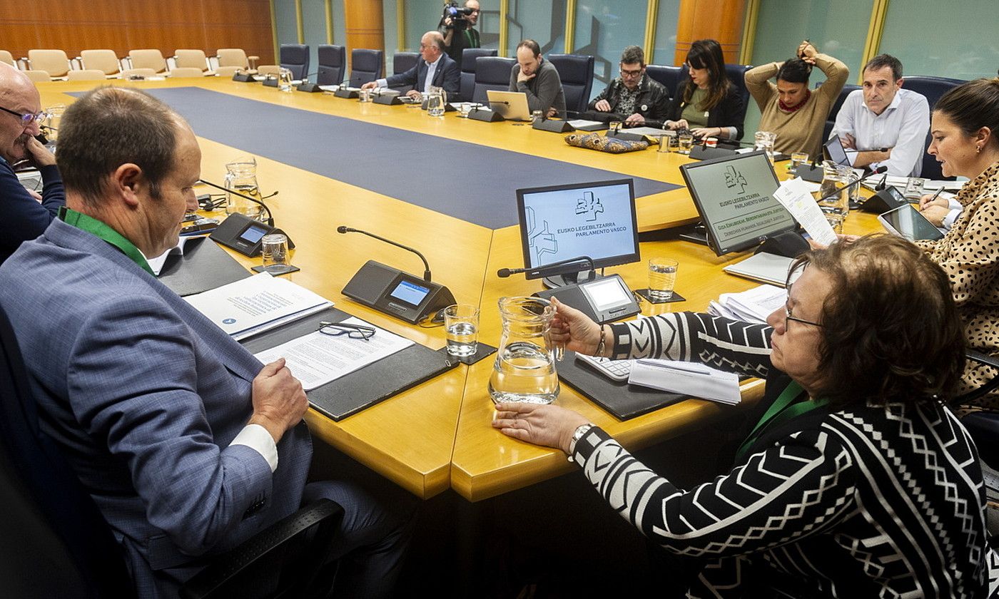 Jon Mirena Landa eta Juana Balmaseda batzordekideak —lehen planoan—, Eusko Legebiltzarrean, atzo goizean. JAIZKI FONTANEDA / FOKU.