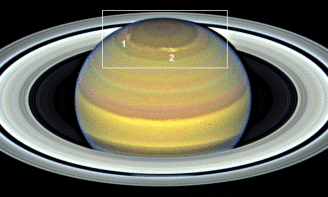 Saturnoko ipar poloko ekaitzen irudia, ordeagailu bidez eginiko simulazioan. EHU