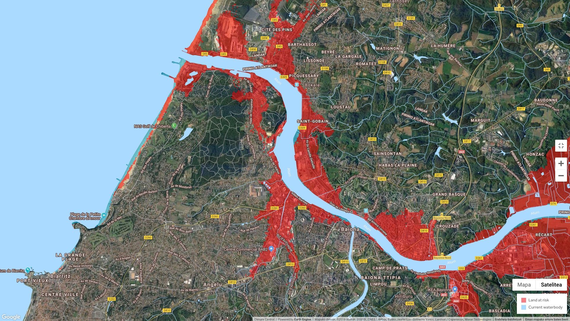 Baiona eta inguruetan gorriz, 2050. urterako ur azpian geratzeko arriskuan dagoen lur eremua. CLIMATE CENTRAL