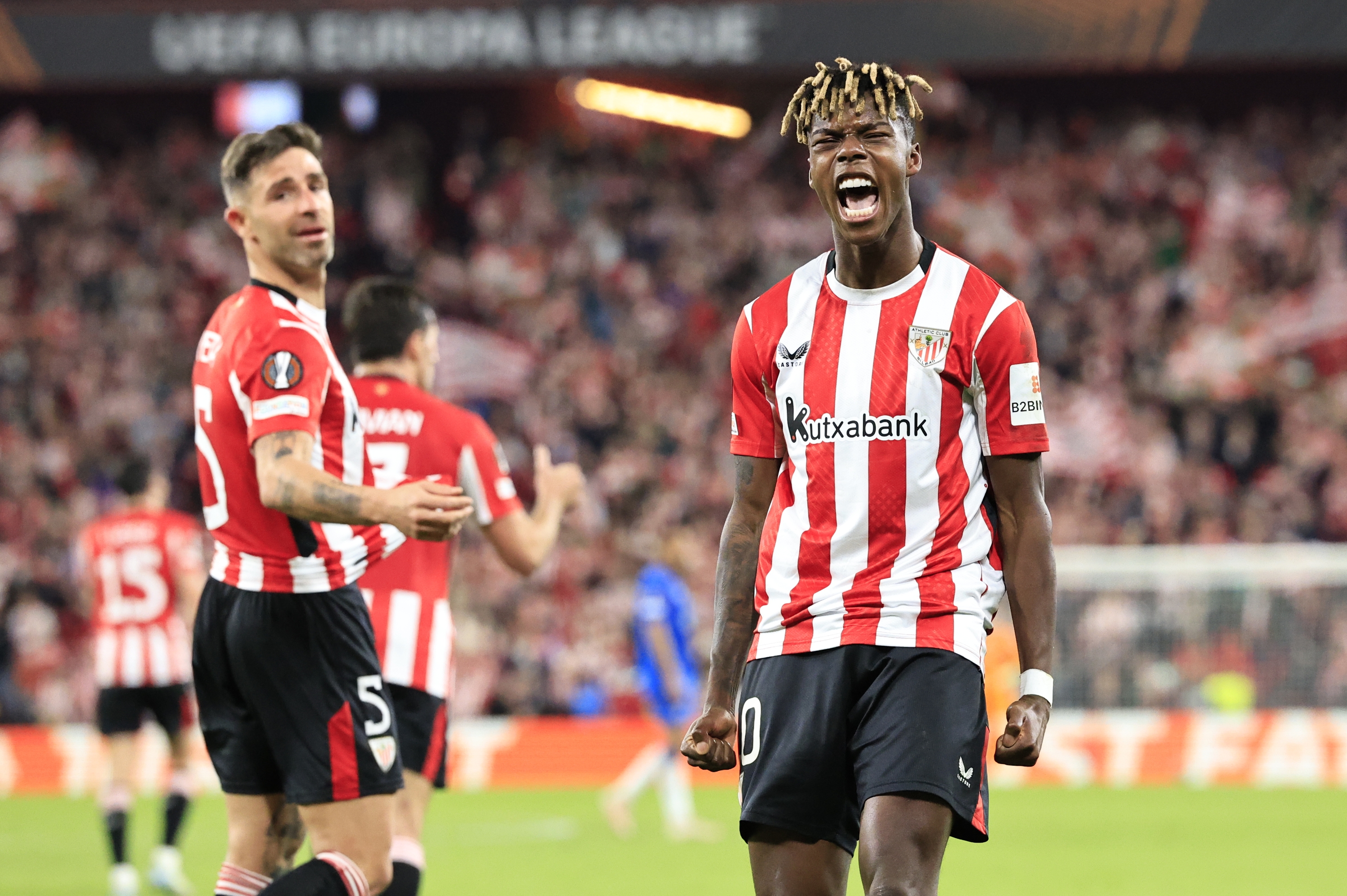 Nico Williams Athleticeko jokalaria gol bat ospatzen. MIGUEL TOÑA / EFE