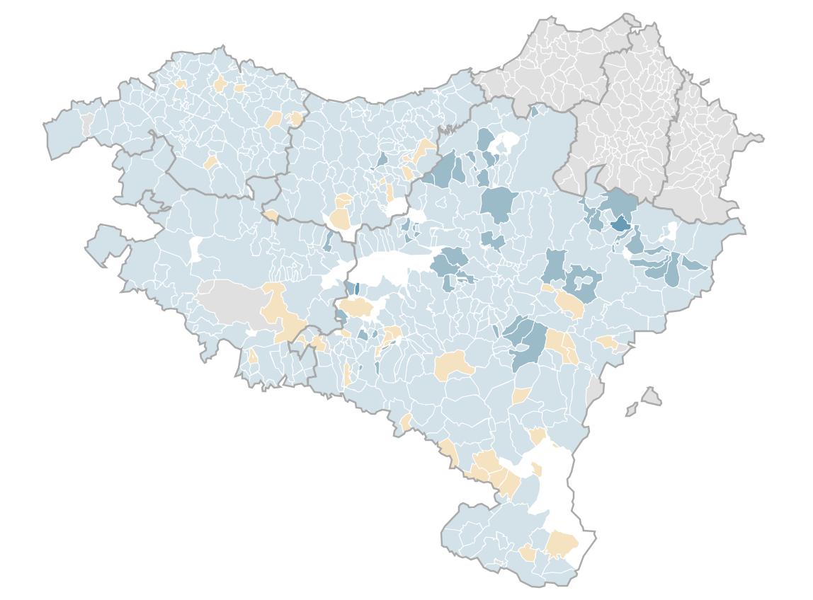 EH Bilduren gorakada erakusten duen mapa: urdinez, horren boto proportzioa handitu duten herriak; orduan eta ilunago, orduan eta handiagoa.