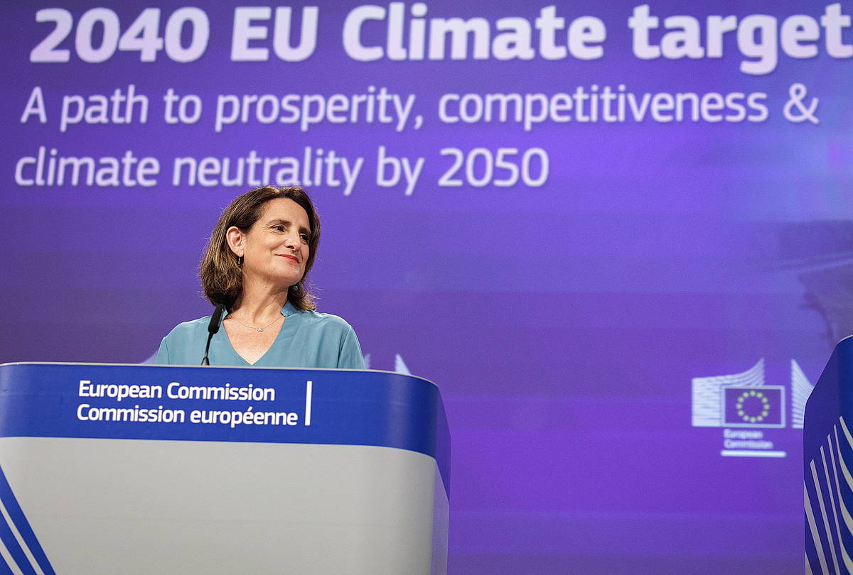 Europako Batzordeko presidenteorde eta Trantsizio Garbi, Justu eta Lehiakorrerako komisario Teresa Ribera, Bruselan, batzordeak 2040rako proposatu duen helburu klimatikoa aurkezteko agerraldian.