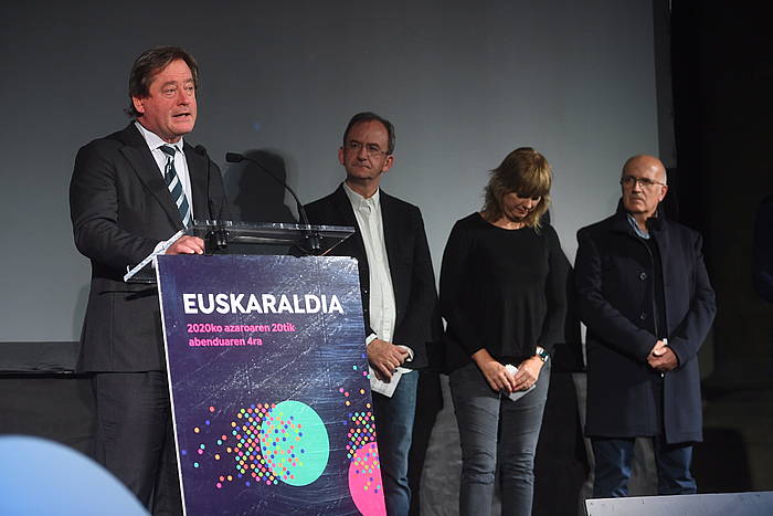 Bingen Zupiria Eusko Jaurlaritzako Kultura eta Hizkuntza Politikako sailburua, Euskaraldiaren bigarren edizioaren aurkezpenean. JON URBE / FOKU