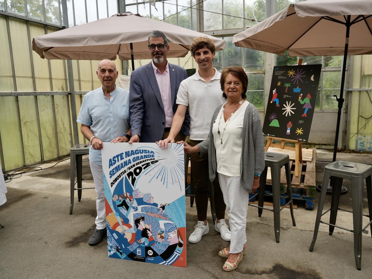 Iñaki Olasagasti, Eneko Goia, Jon Insausti eta Belen Mendez de Vigo gaur, Donostiako Aste Nagusiko programazioaren aurkezpenean. ANDONI CANELLADA / FOKU