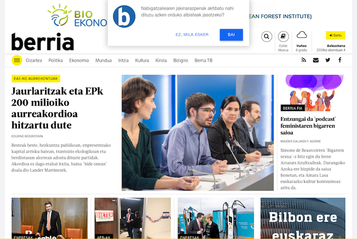 Jakinarazpenak jasotzeko baimendu egin behar da, zerbitzua onartuz. BERRIA