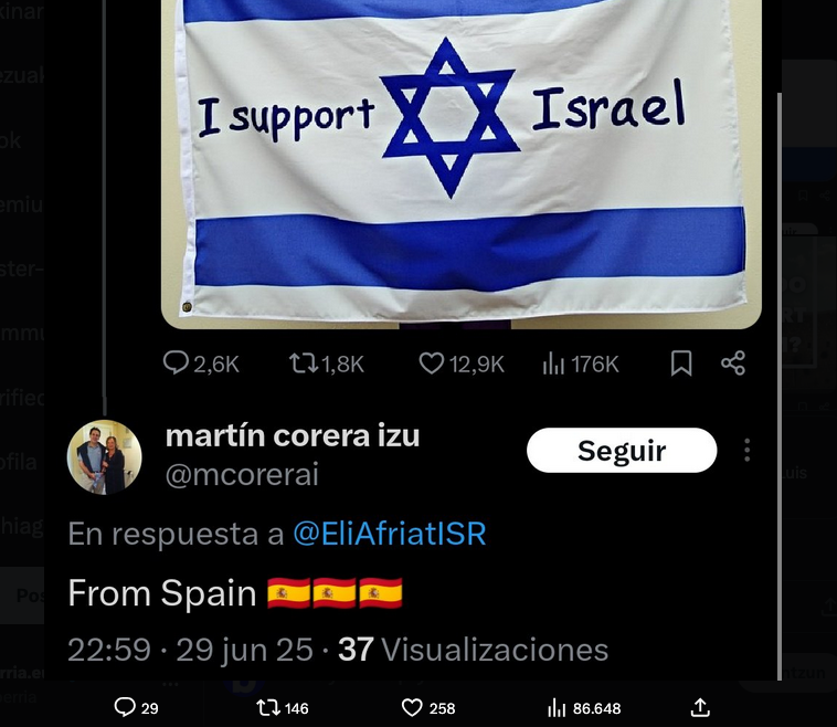Martin Corerak X sare sozialean Israel babesteko zabaldutako mezuetako bat. X
