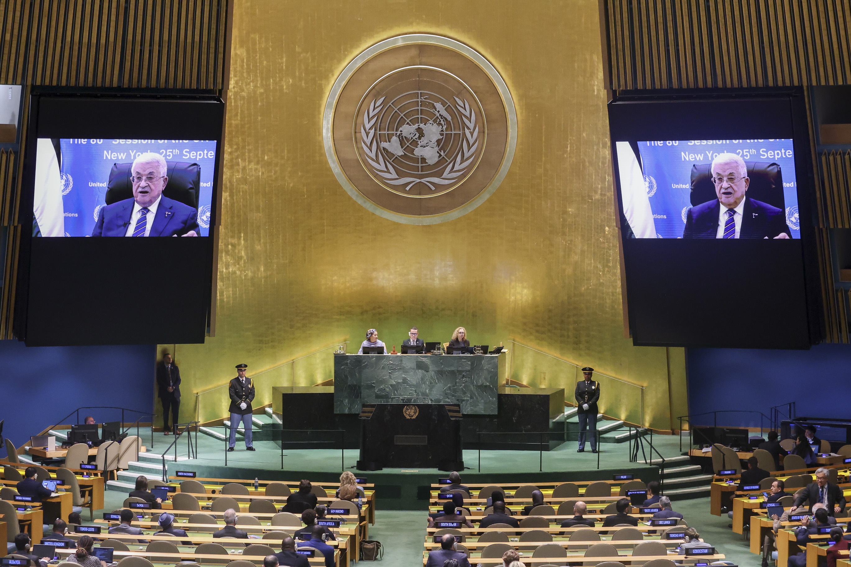 Mahmud Abbas PAN Palestinako Aginte Nazionaleko presidenteak telematikoki hartu du parte gaur NBEren Batzar Nagusian. SARAH YENESEL / EFE