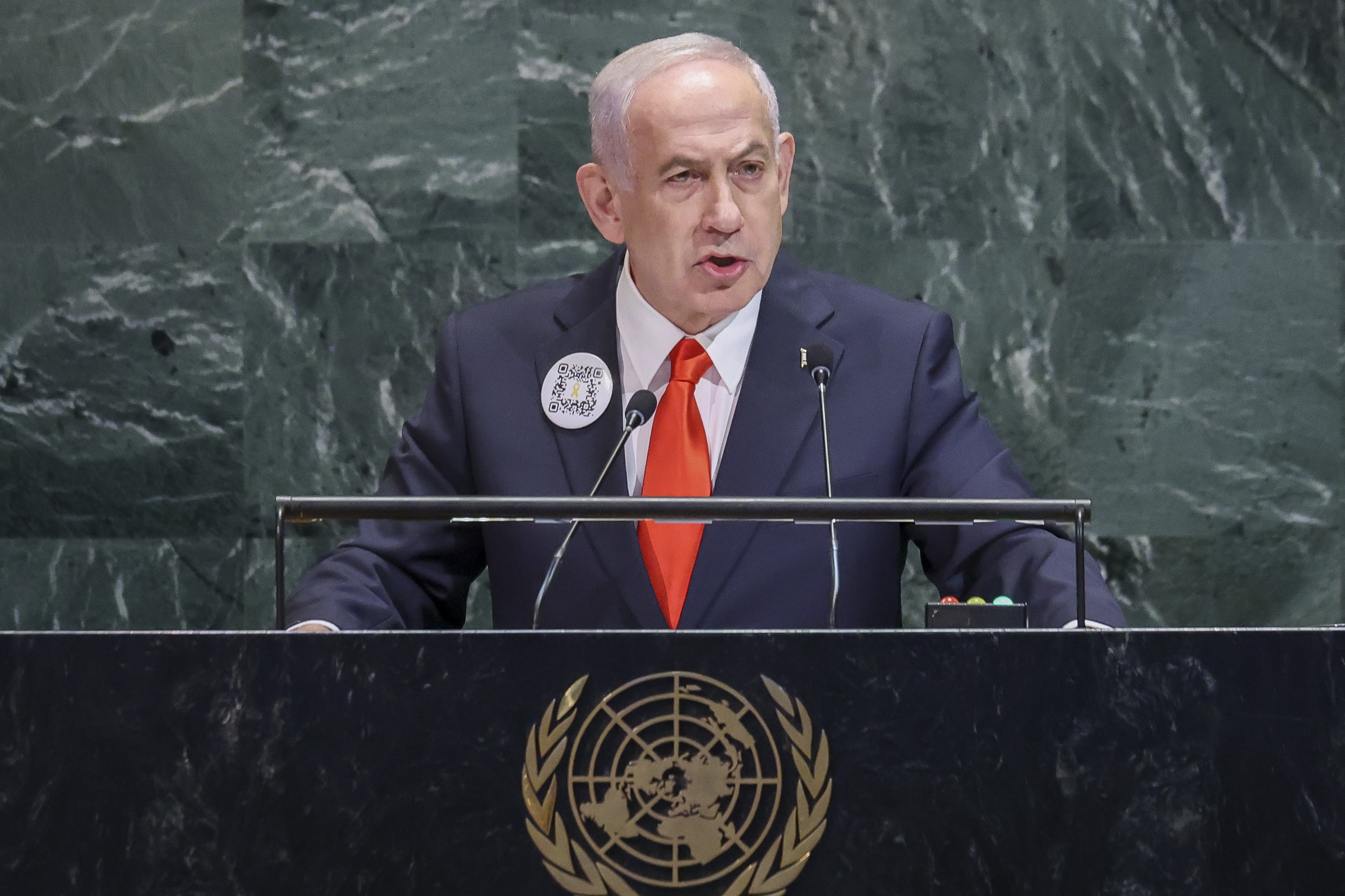 Netanyahu, gaur, NBEren Batzar Nagusiaren urteroko bilkuran hitzaldia ematen, New Yorken (AEB). SARAH YENESEL / EFE