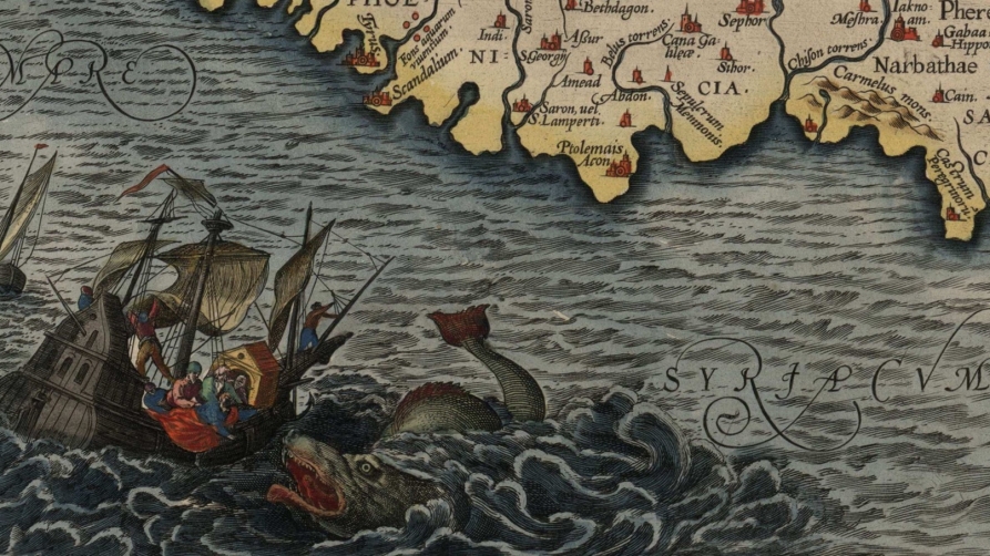 (ID_17594760454255) (/Espainiako Liburutegi) Itsas munstro bat barku bati eraso egiten, Abraham Ortellius geografoaren mapetako batean