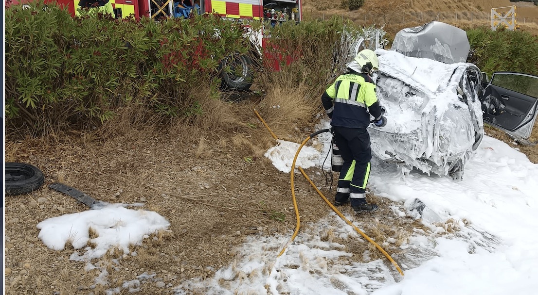 Suhiltzaileak istripua izan duen autoaren ondoan, gaur, AP-15 errepidean. NAFARROAKO GOBERNUA