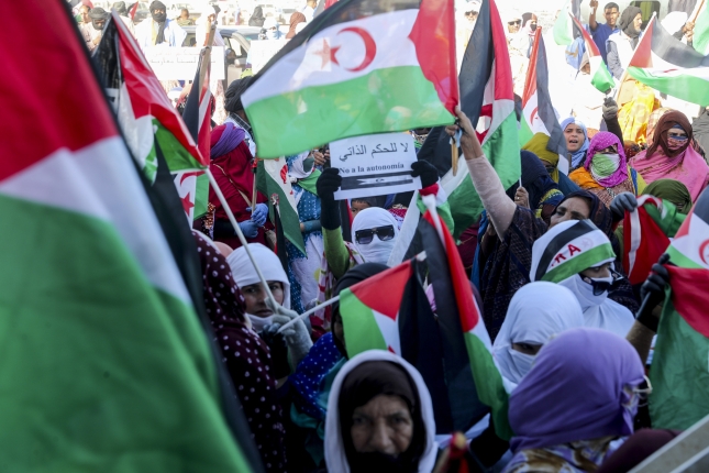 Errefuxiatu sahararrak protestan, gaur, Tindufen (Aljeria). EFE