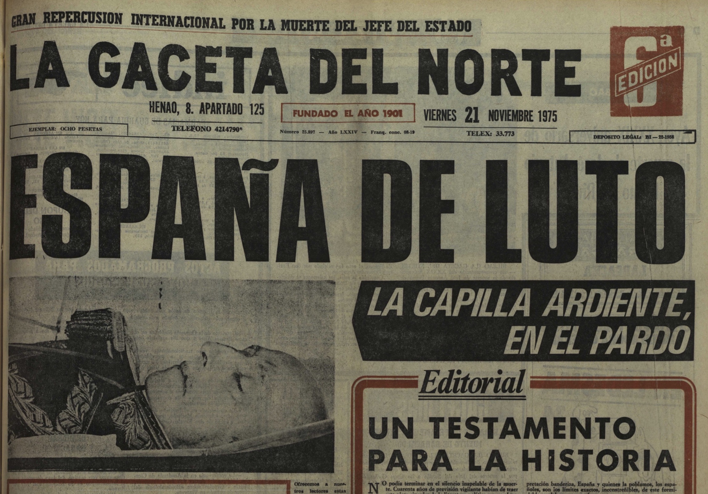 'La Gaceta del Norte' egunkariaren azala, Francoren heriotzaren albistea eman zuena.