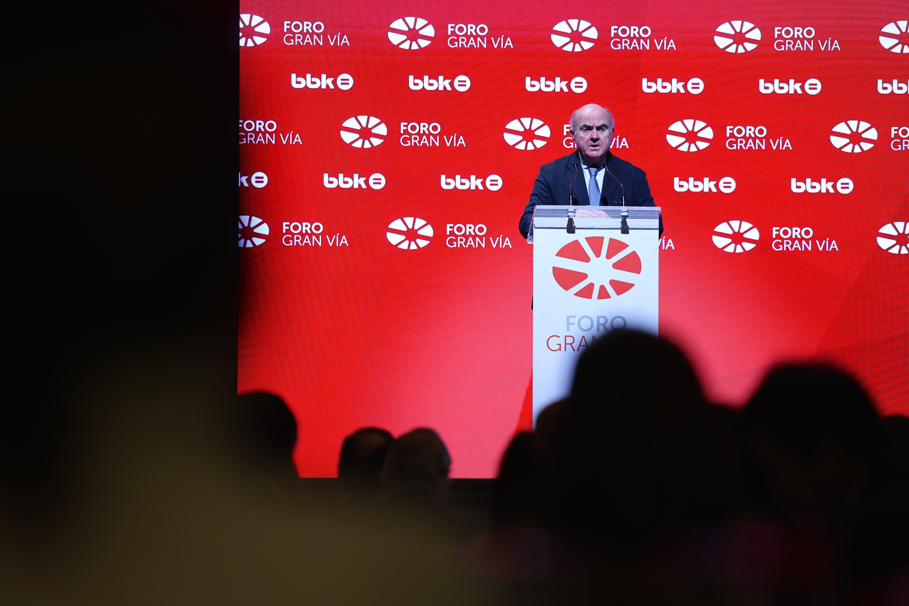 Luis de Guindos EBZko presidenteordea BBKren Gran Via foroan, gaur. OSKAR MATXI EDESA / FOKU