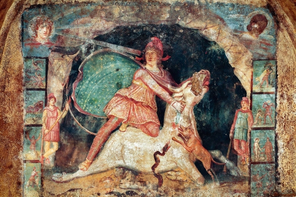 (ID_17641538678445) Mitra jainkoa zezena hiltzen, margolan batean. (ID_17641538678445) Mitra jainkoa zezena hiltzen, margolan batean.