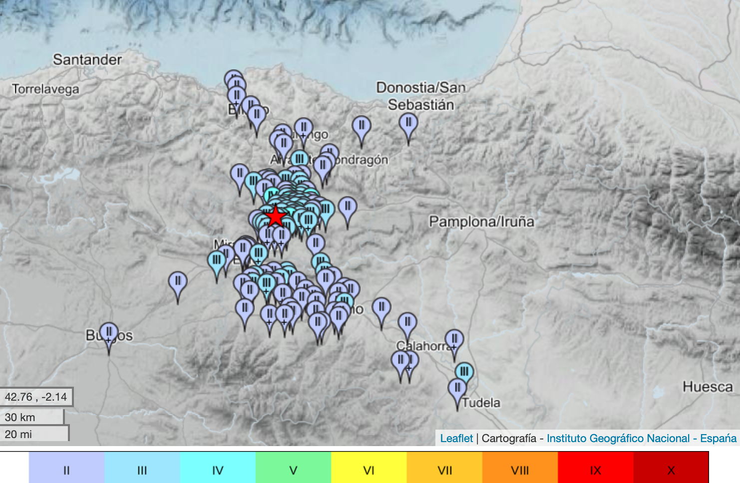 Iruña Okan epizentroa izan duen lurrikararen intentsitate mapa. ESPAINIAKO INSTITUTU GEOGRAFIKOA Iruña Okan epizentroa izan duen lurrikararen intentsitate mapa. ESPAINIAKO INSTITUTU GEOGRAFIKOA