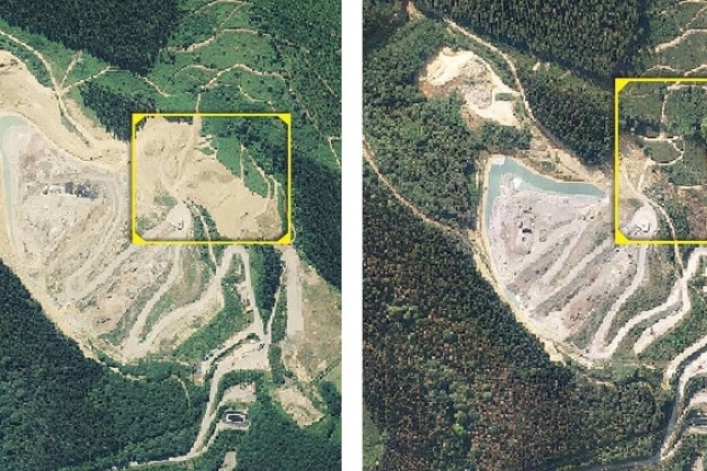 Argazkian, Zaldibarko zabortegiaren 2019. eta 2018. urteetako planoak. Lauki horian jardun eremutik kanpo pilaturiko lurrak ikus daitezke.