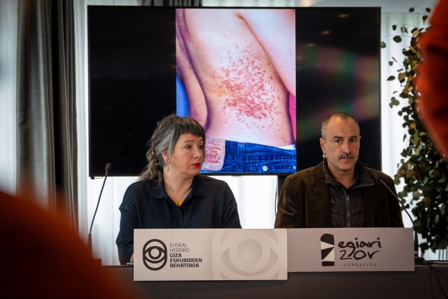 GEBehatokiak eta Egiari Zor-ek egindako agerraldia, atzean Sorzabalen irudi batekin. AITOR KARASATORRE / FOKU GEBehatokiak eta Egiari Zor-ek egindako agerraldia, atzean Sorzabalen irudi batekin. AITOR KARASATORRE / FOKU