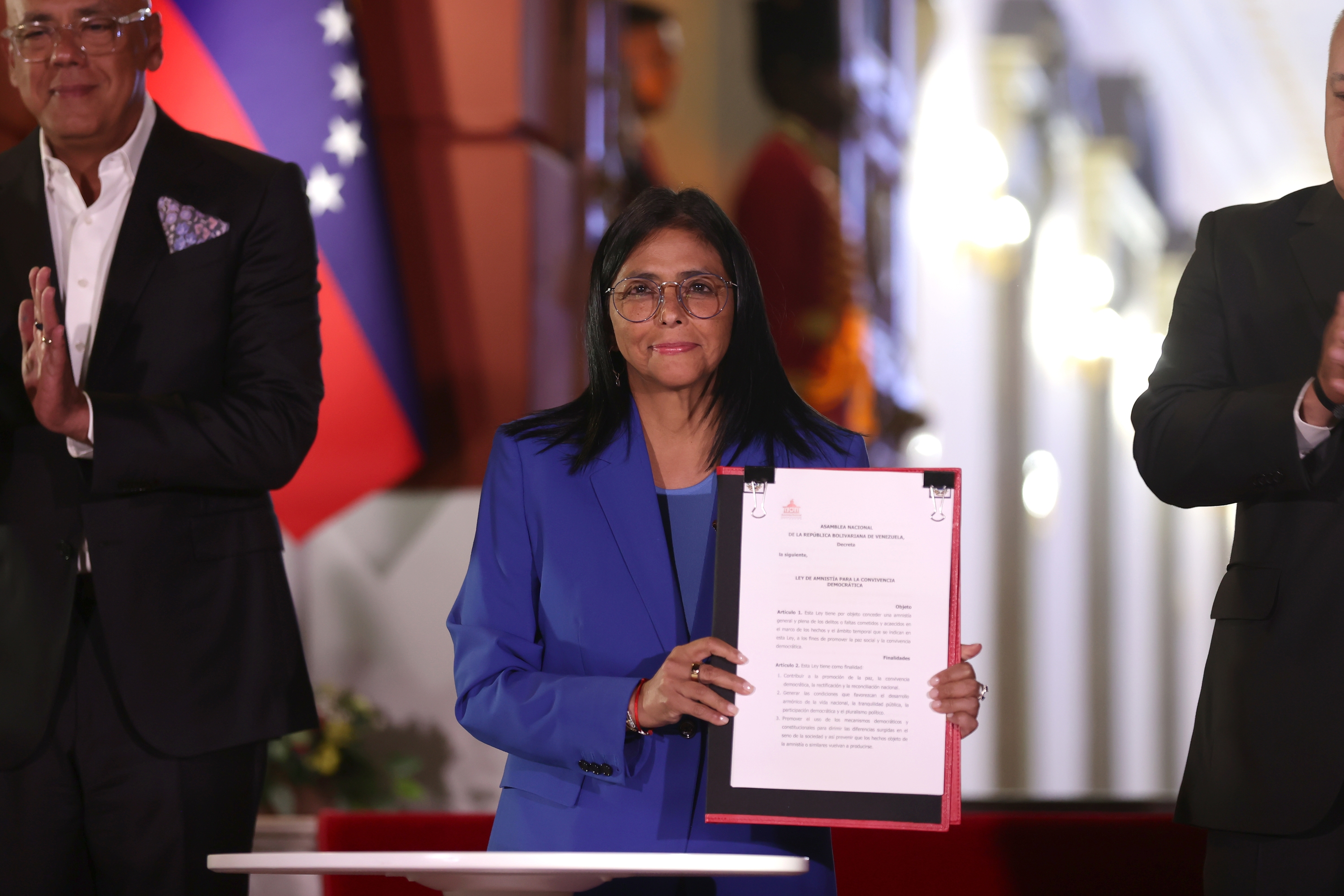 Venezuelako jarduneko presidente Delcy Rodriguez, Amnistia Legea promulgatu berri. RONALD PENA / EFE
