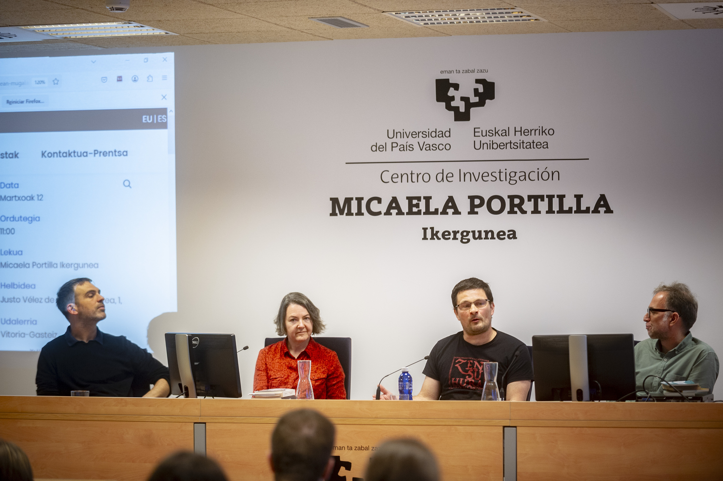Beñat Sarasola, Isabel Etxeberria, Iker Sancho eta Harkaitz Cano, Micaela Portillan, iazko Aldecoa jaialdian. JAIZKI FONTANEDA / FOKU
