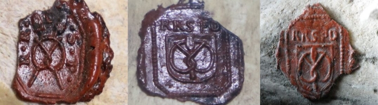 Ezkerretik eskuinera, Urduña (Araba), Echternach (Luxemburgo) eta Martiodako (Araba) erlikien zigiluak. Jabe berarenak dira hirurak, eta opil formako marrazkia ageri ditu. AINTZANE ERKIZIA